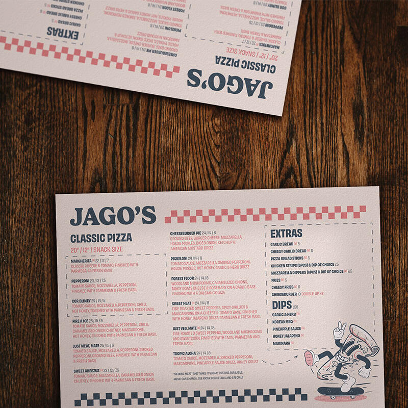 Jagos Pizza Menu on table Jagos Pizza Menu on table