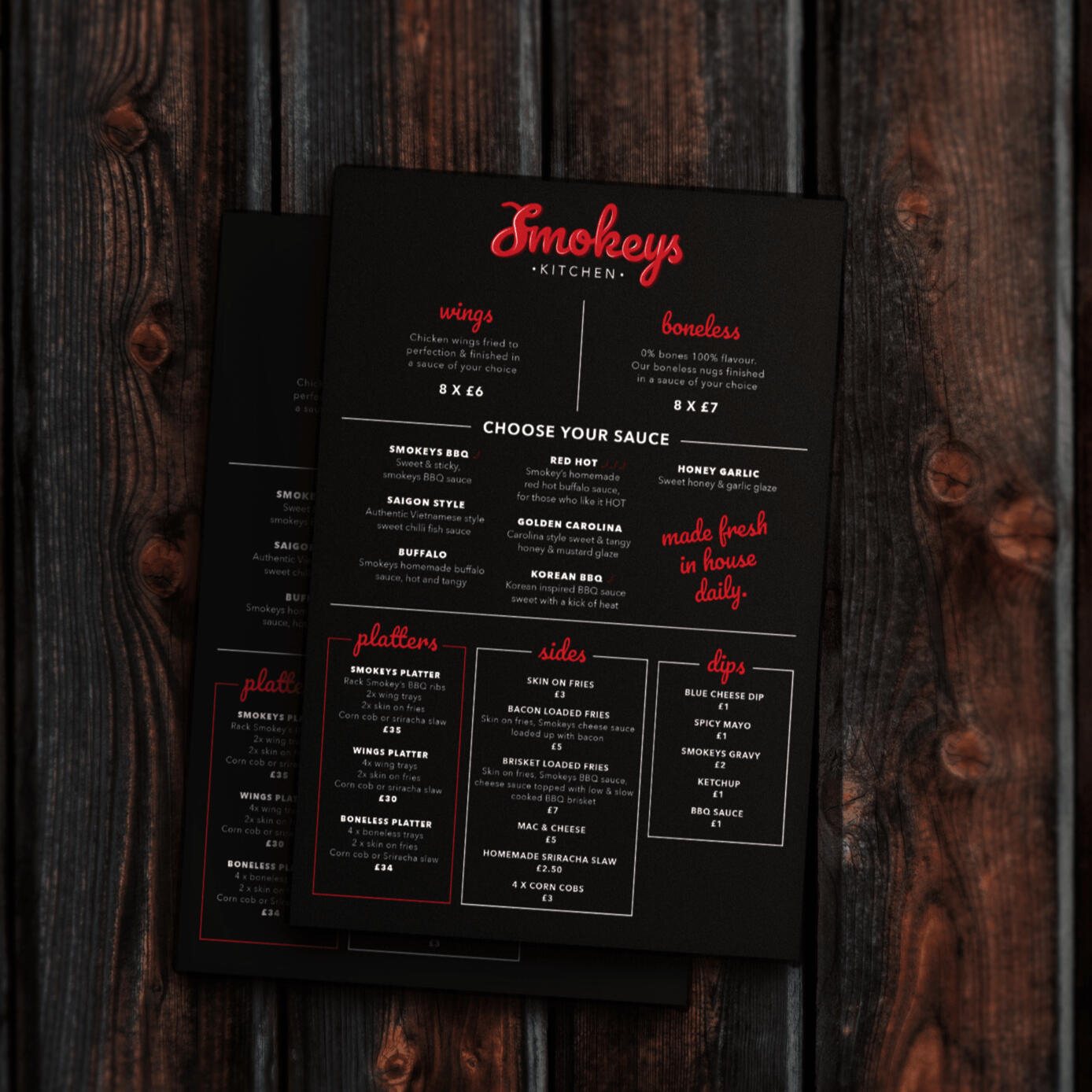 Smokeys Menu on table Smokeys Menu on table