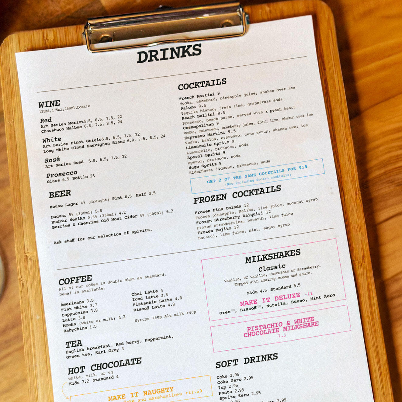 Artful Drinks Menu on table Artful Drinks Menu on table